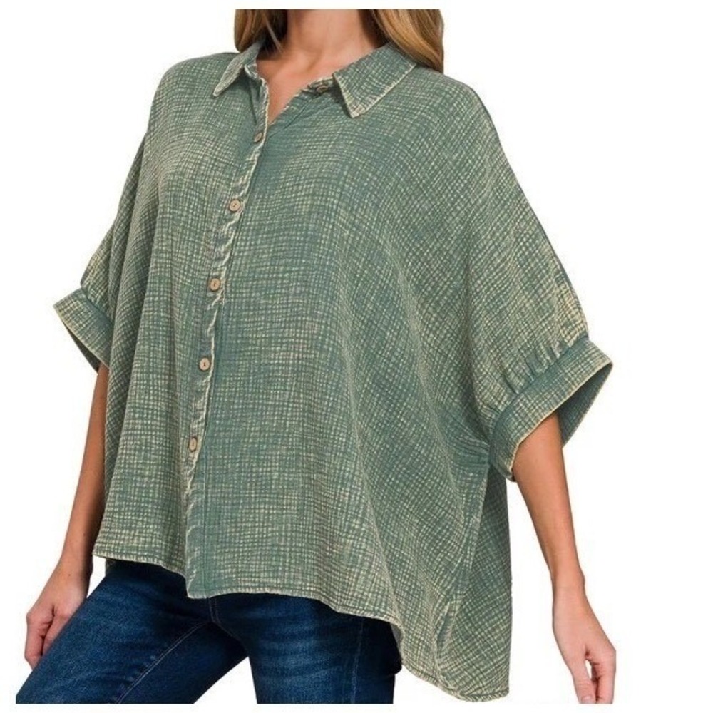 Zenana NWOT Oversized Washed Double Gauze Cotton Half Sleeve Top Ash‎ Jade L/XL